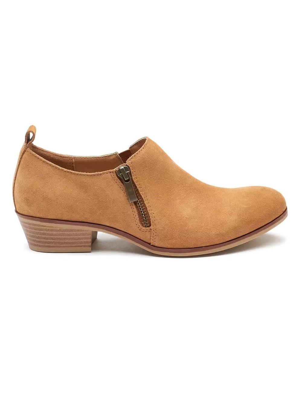 Sonoma Tan Suede Low Heel Zip Ankle Bootie